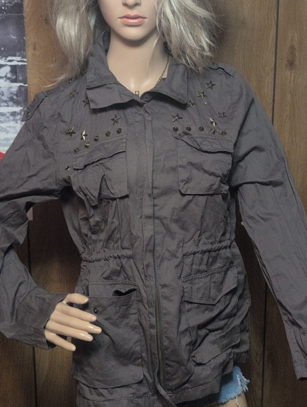 IRIS Womens Gray Studded Star Full Zip Jacket Pockets Long Sleeve Size S